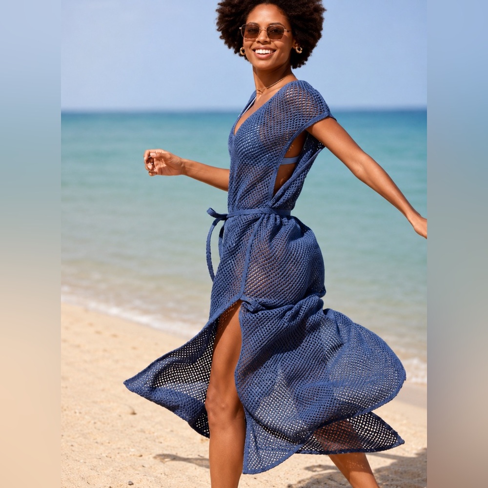 Aerie Blue Open Knit Swim Cover Up Maxi Dress Silver Thread Tie Waist NWT